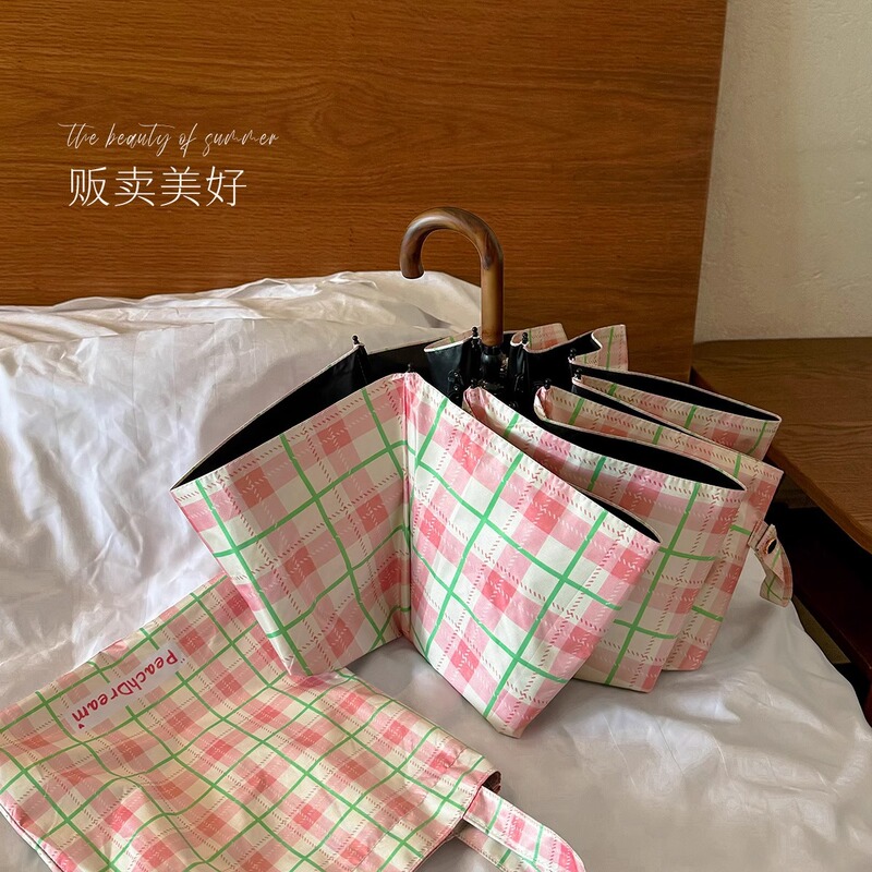 ins レトロカーブフック日傘女性用晴雨兼用日よけ日焼け止め UV 保護高価値折りたたみ傘|undefined