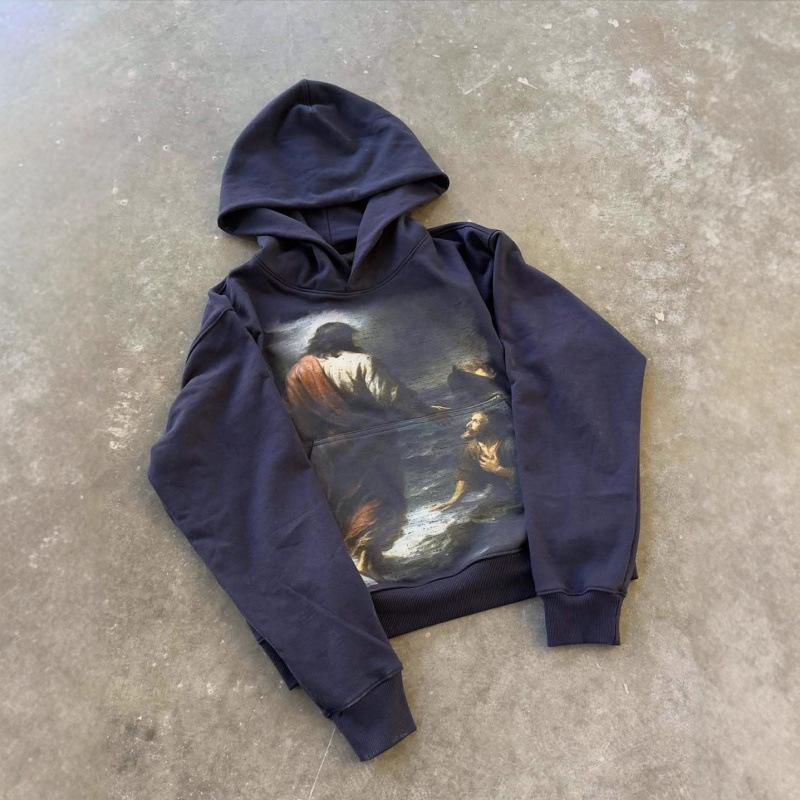 Y2K European and American Cross-Border Street Art Style Hand-Painted Print Loose Fit Vintage Hooded Sweatshirt