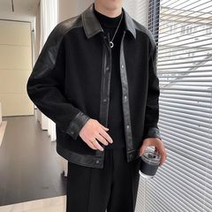 网红同款夹克秋冬季软PU拼接灯芯绒男翻领短款潮流韩版百搭外套