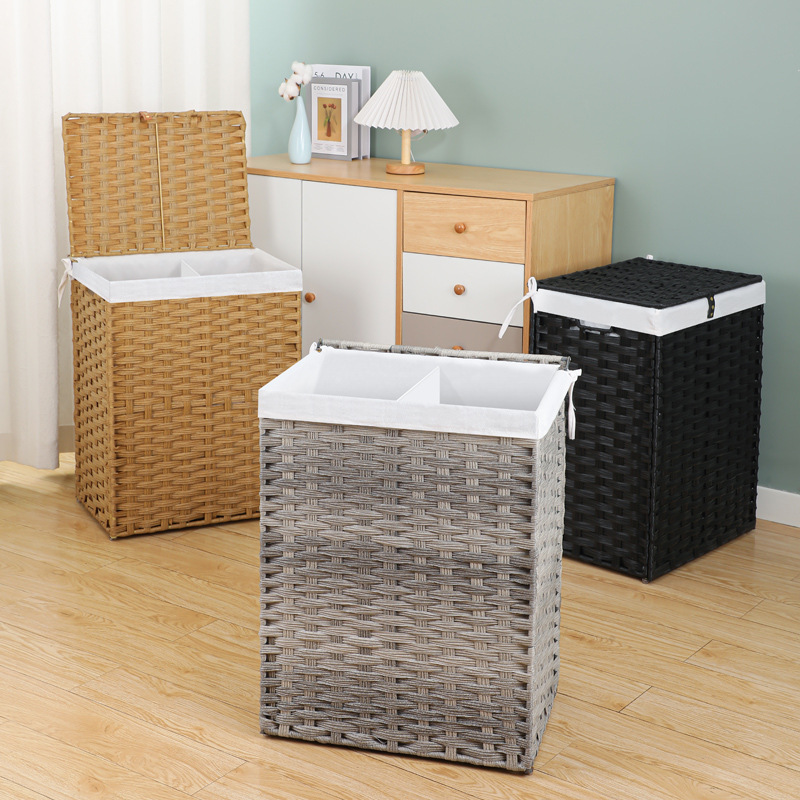Amazon Imitation Rattan Folding Dirty Clothes Basket Bedroom Laundry Basket Woven Dirty Clothes Basket with Lid Double Split