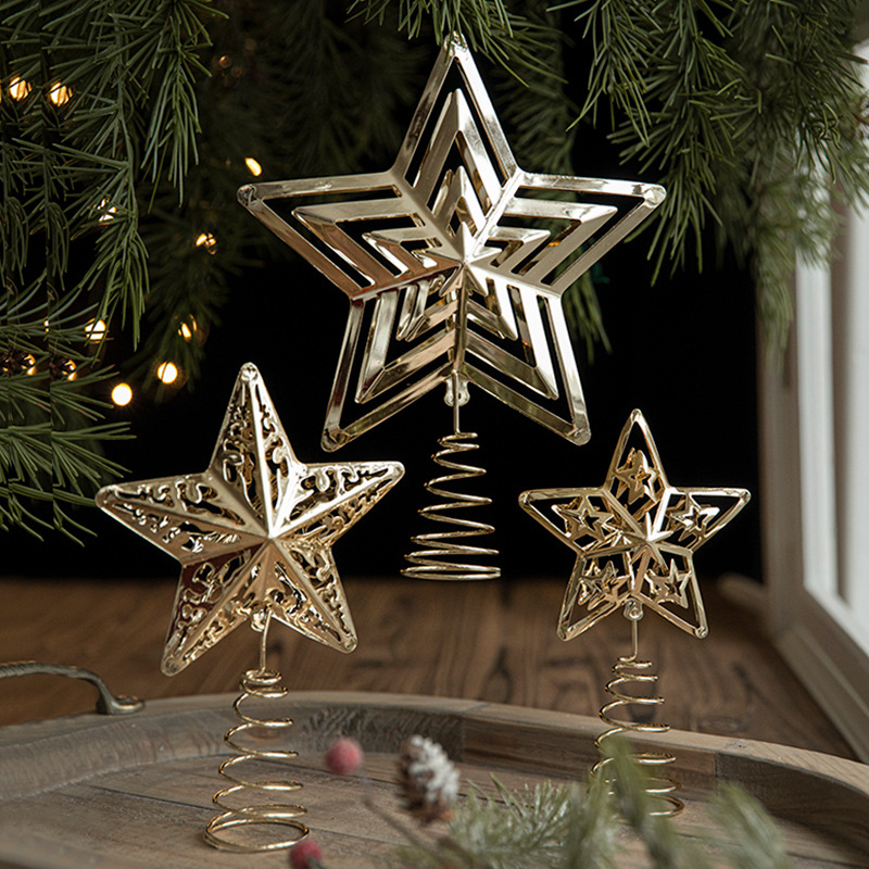 Amazon nuevo árbol de hierro transfronterizo estrella superior árbol de Navidad dorado estrella de cinco puntas decoración ventana adornos de decoración navideña