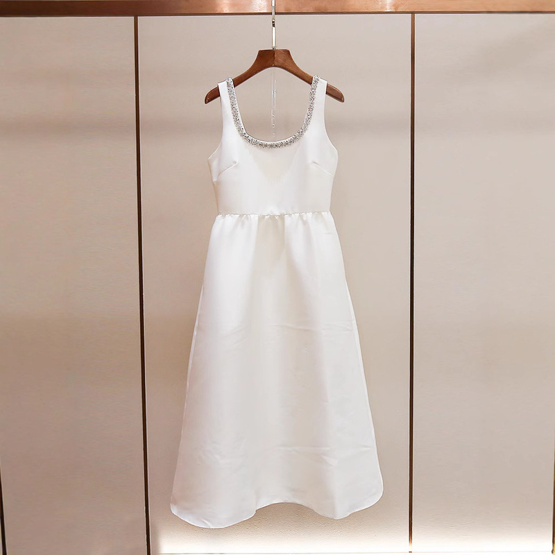 Sp's New Summer Style Small Fragrant Style U-Shaped Collar Diamond-Encrusted Backless A-Line Waist Long White Suspender Dress