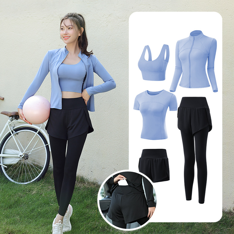 Trajes de yoga para mujeres de verano para correr ropa deportiva suelta rápida ropa seca bolsillo para correr trajes de mujeres de la mañana para correr comercio exterior