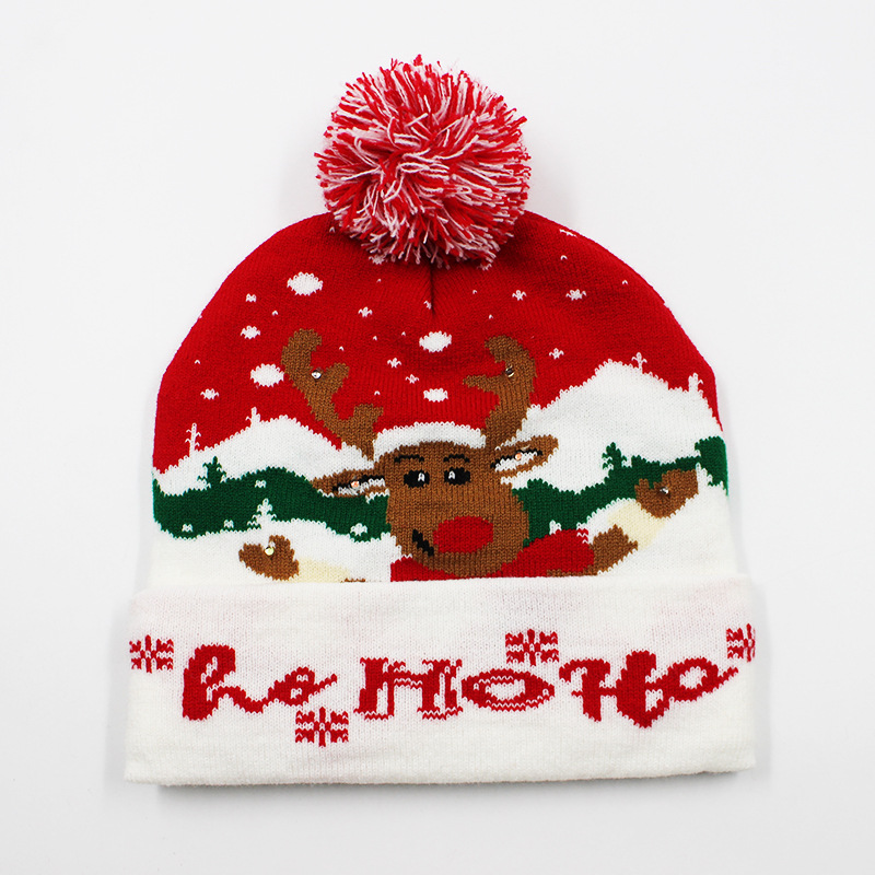 Fabricante transfronterizo de gorros navideños europeos y americanos tejidos en jacquard, gorros navideños de lana con luces LED, gorros navideños con pompón y bufandas. image 9