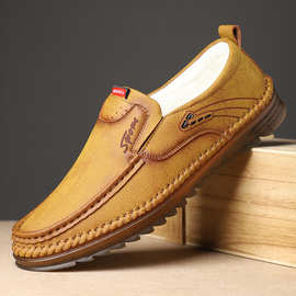 源头工厂新款男士休闲皮鞋懒人套脚豆豆鞋手工缝线棉鞋驾车男皮鞋