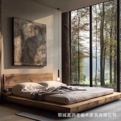 わびさび風無垢材ベッド、古いニレ材畳ダブルベッド、B&Bビッグベッド、ホテルダブルベッド、ログベッドルーム家具