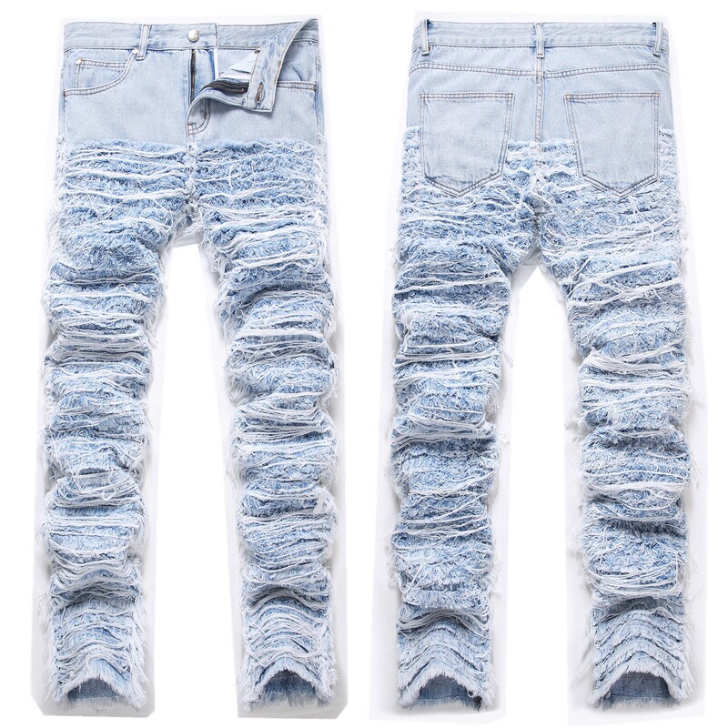 European and American joint fashion heavy industry stacking loose pants tassel embroidery cut rotten hair loose leg jeans for men European and American joint fashion heavy industry stacking loose pants tassel embroidery cut rotten hair loose leg jeans for men