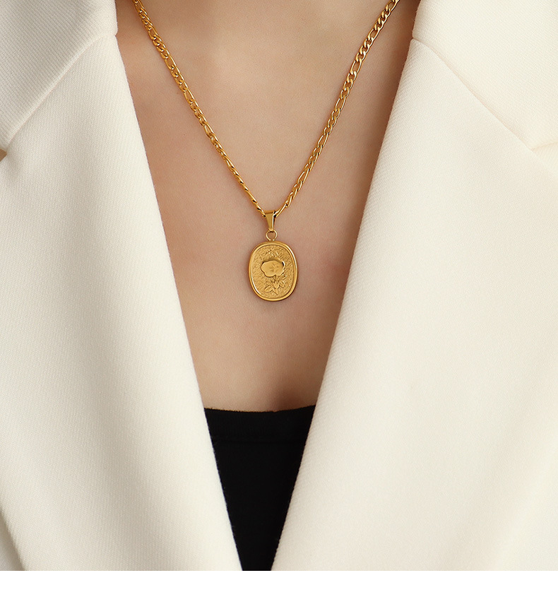 Niche Gold Coin Geometric Oval Pattern Withered Rose Necklace Set_voghion.com