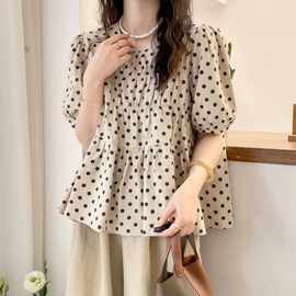 泡泡袖波点A字棉麻衬衫女欧洲站夏装2024新款欧货女装洋气小衫潮