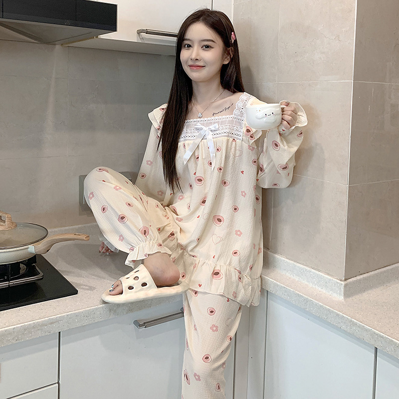 Princesa estilo pijamas de las mujeres tejido crepe encaje algodón cuello cuadrado suéter manga larga Otoño e Invierno dulce desgaste del hogar traje