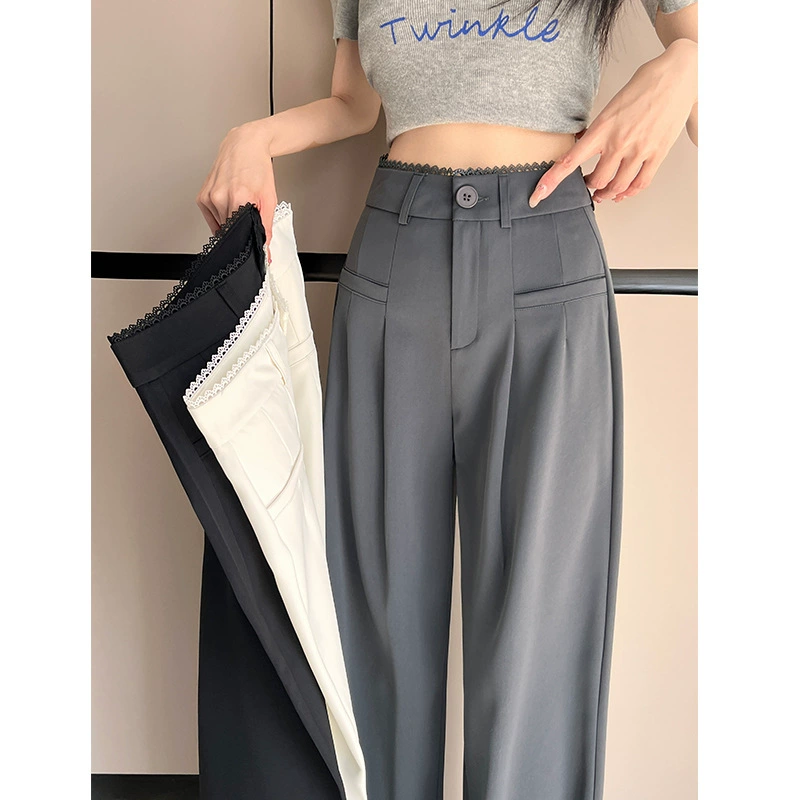 Черные кружевные широкие брюки для женщин, весенне-летние драпированные костюмные брюки с высокой талией, свободные повседневные прямые брюки.