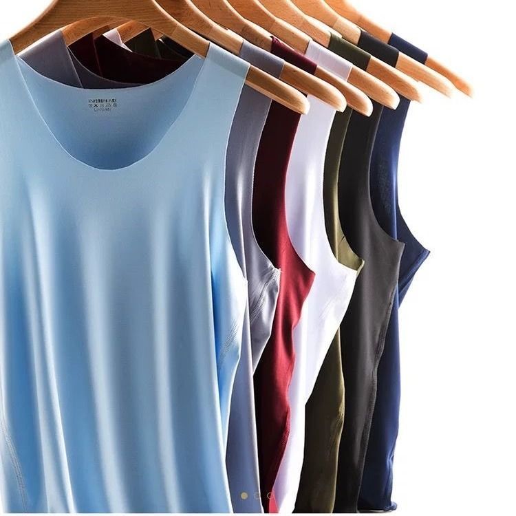 Men's Ice Silk Round Neck Seamless Vest for Fitness and Sports, Elastic Summer Quick-Drying Undershirt with Ice Feel