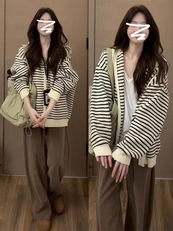 杏色抽绳连帽条纹针织开衫女秋季韩版宽松慵懒凤外穿毛衣上衣外套|undefined