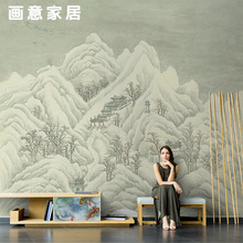 中式手绘抽象复古群山建筑风景壁纸客厅电视背景墙纸无缝定制壁画