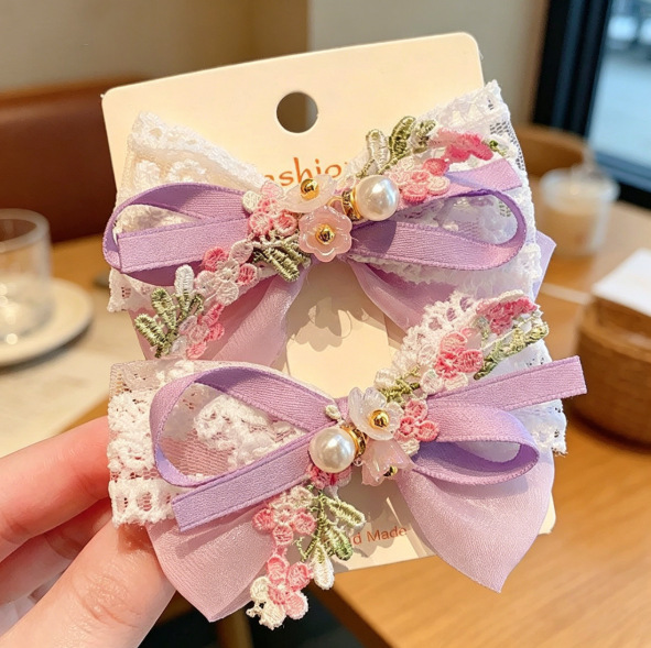 Horquilla con lazo de perlas de estilo coreano para niños, tocado de encaje simple para niñas, accesorios para el cabello con lazo, horquilla de encaje
