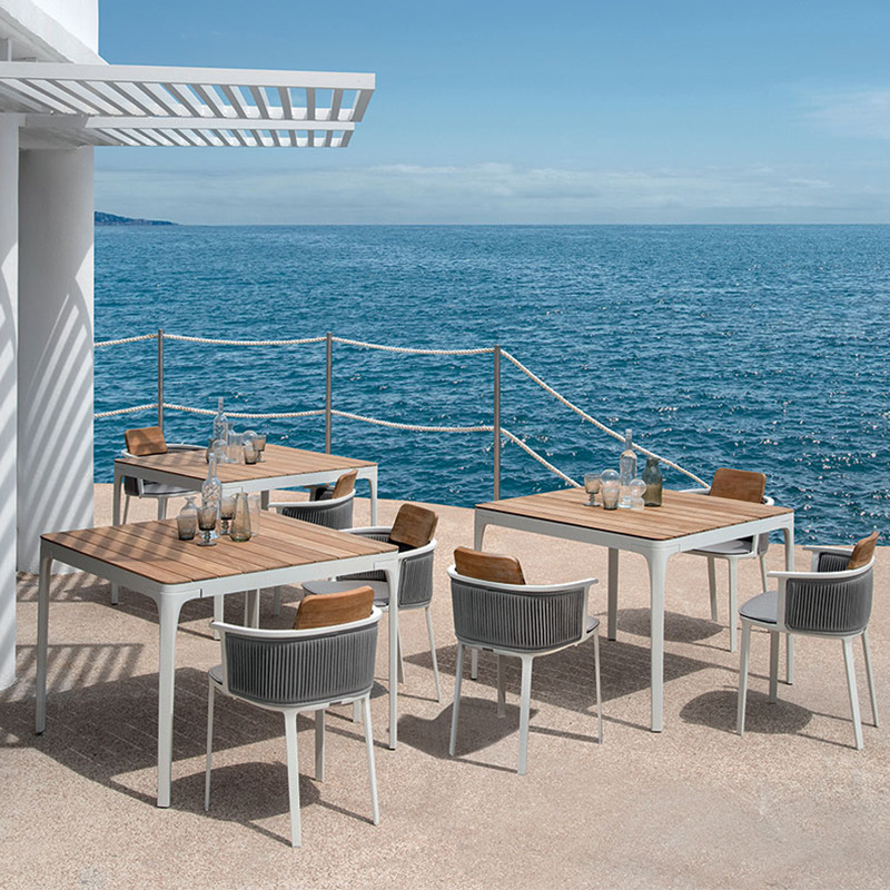 Silla de cuerda de ratán de acero inoxidable al aire libre nórdico, balcón al aire libre, patio, mesa y silla de ocio de teca, muebles combinados