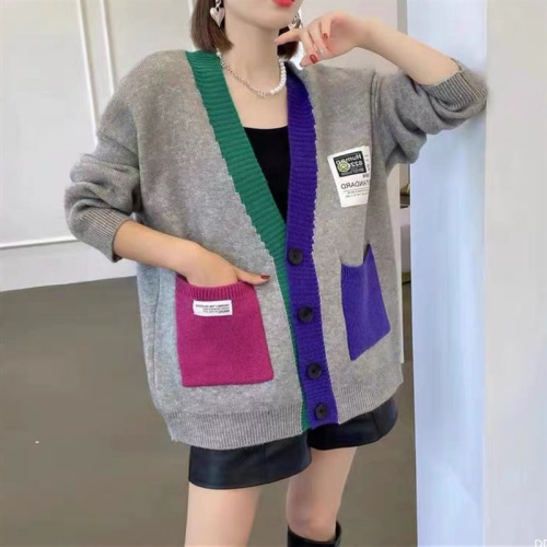 Early Autumn Plus Size Women's Color Block Knit Pocket Fashion Cardigan Loose Slimming Sweatshirt Outerwear
