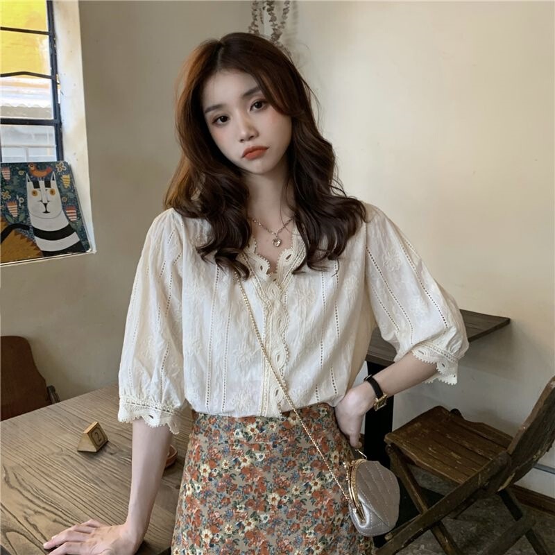 Vintage Lace Chiffon Blouse for Women, Summer 2026 New Design, Unique Fashion Short-Sleeve Top