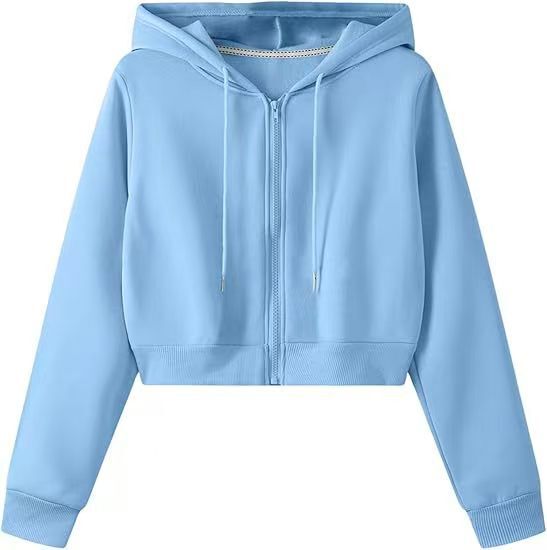Cross-border solid color short hooded zip-up sweatshirt for women, new spring and autumn loose casual jacket, long-sleeved cardigan top
