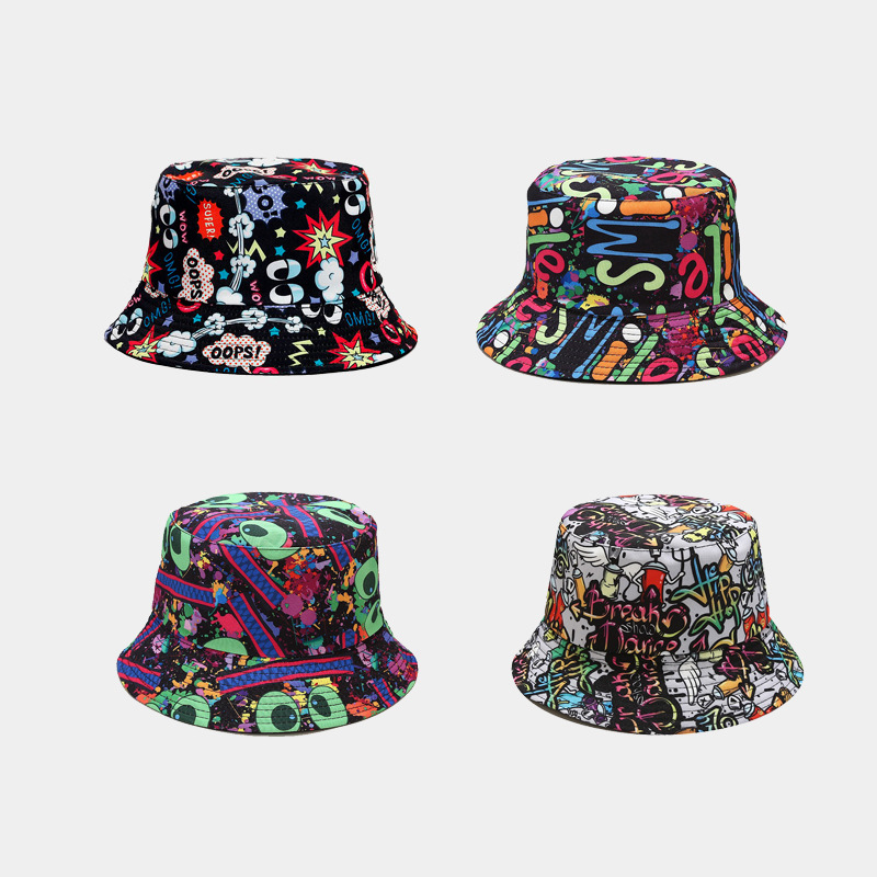 Sombrero pescador moda hombres y mujeres europeo y americano nuevo color graffiti cuenca sombrero personalizado color hip hop doble cara impresa sol sombrero