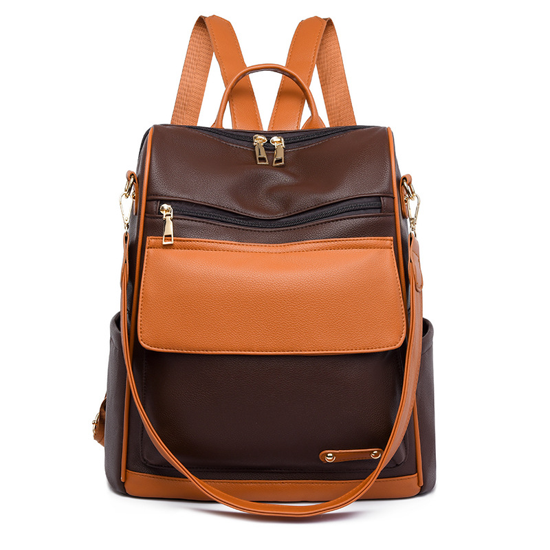 Mochila de color en contraste para mujer 2024 nueva mochila de viaje de gran capacidad de moda de cuero suave mochila multifuncional al por mayor