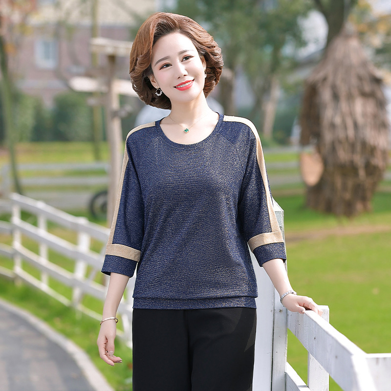 【祥】妈妈夏装T恤七分袖小衫洋气2021中老年新款女春装纯色上衣|ru