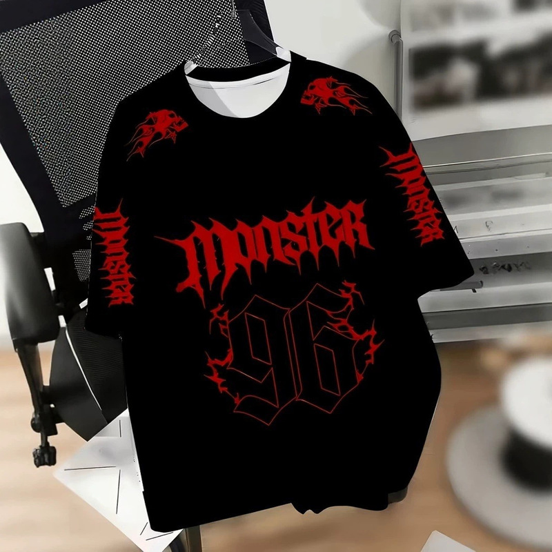 Men's Trendy Gothic Style Flame Number 96 Print Short Sleeve T-Shirt Suitable for Friend Gatherings and Daily Casual Wear Men's Trendy Gothic Style Flame Number 96 Print Short Sleeve T-Shirt Suitable for Friend Gatherings and Daily Casual Wear