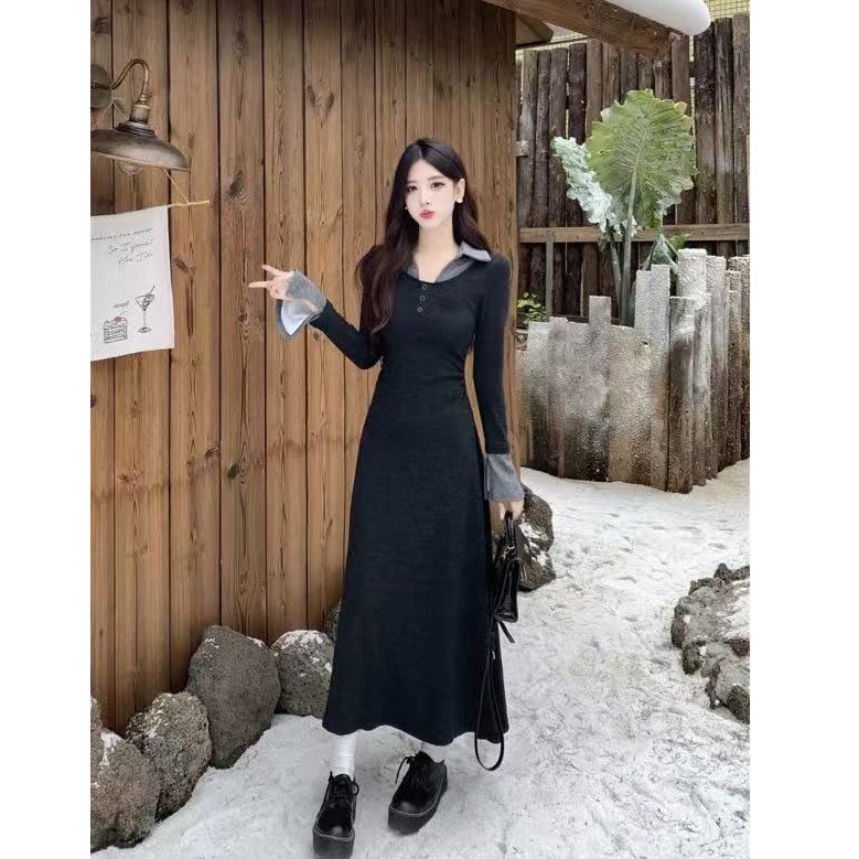 萌系女孩的秋冬穿搭法式气质黑色假两件连衣长裙特别漂亮超显气质