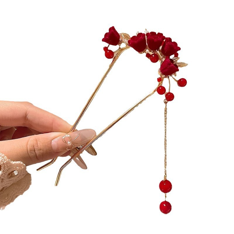 Nuevo estilo chino rojo flange U pinzas de cabello para mujeres otoño invierno de alto nivel pinzas de cabello estilo antiguo pinzas de ropa de estilo chino pinzas de Año Nuevo tocado