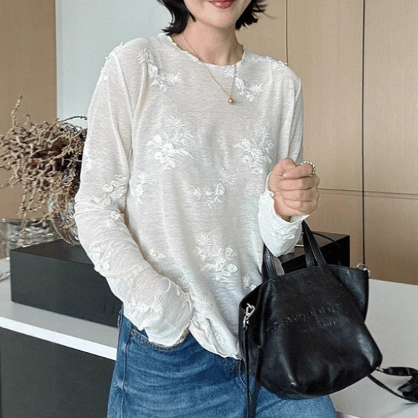 Plus-size women's round neck heavy lace embroidery long-sleeved t-shirt, new autumn style, perfect for slightly chubby women, inner layer base shirt.