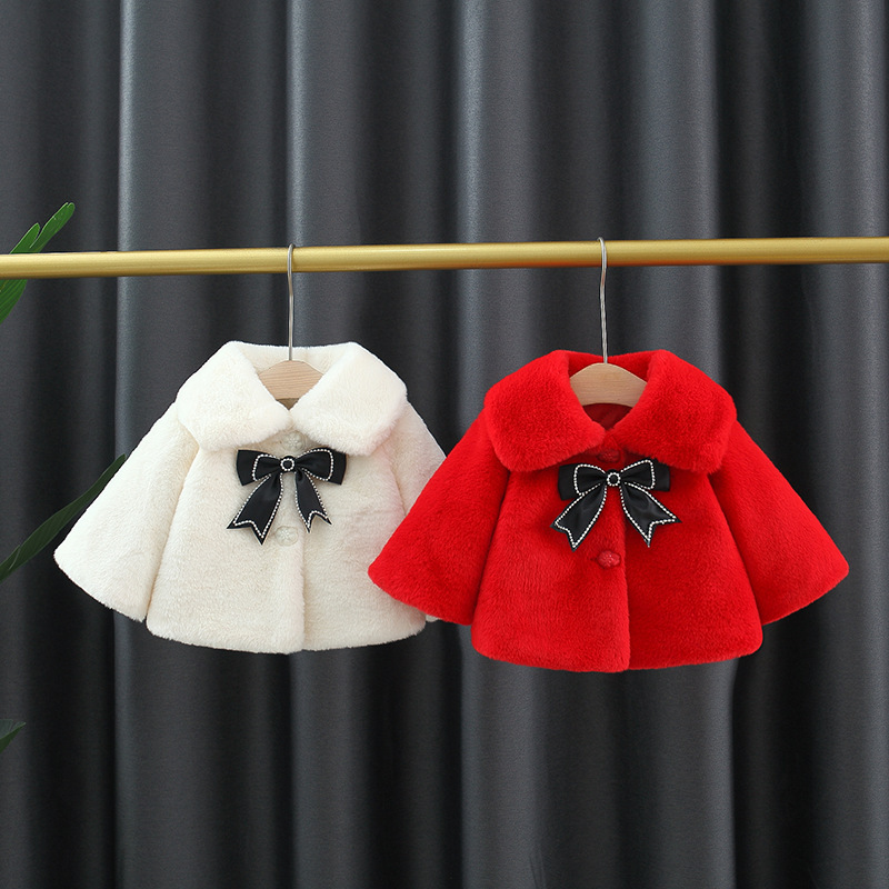 Autumn and winter new children's clothing solid color rabbit with black bow fur lapel, girls' shawl_voghion.com