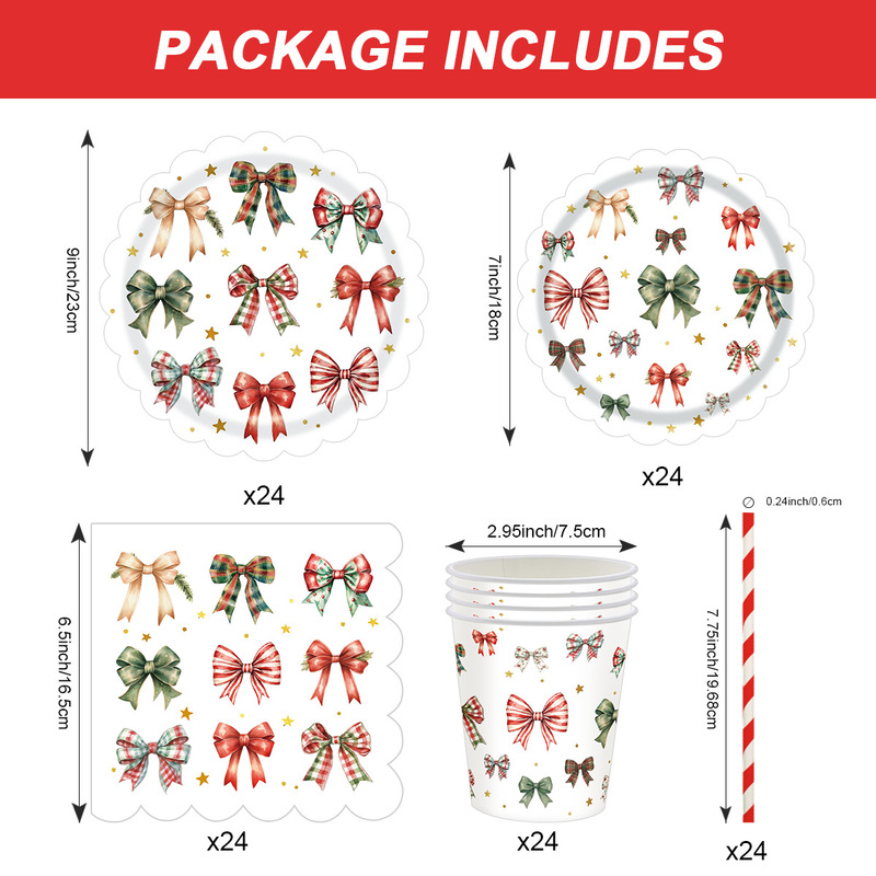 Christmas Bow Three-Layer Party Disposable Paper Plates, Paper Towels, Paper Cups, Straws, Tableware Set, Birthday Party Decorations