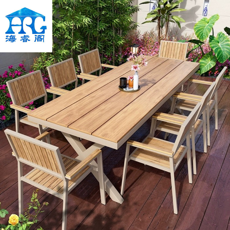 Outdoor Patio Plastic Wood Chair Garden Villa Retractable Long Table Waterproof Simple Leisure Outdoor Anti-Corrosion Wood Table and Chair Set