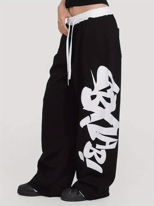 New Y2K Fashion Large Letter Print Black Casual Elastic Waist Jogger Sweatpants Straight-Leg Women's Clothing