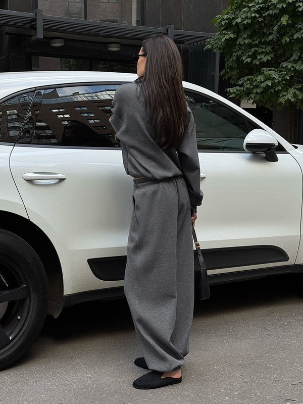 美式复古秋冬季通勤女装卫衣套装长袖翻领卫衣外套高腰卫裤两件套|undefined