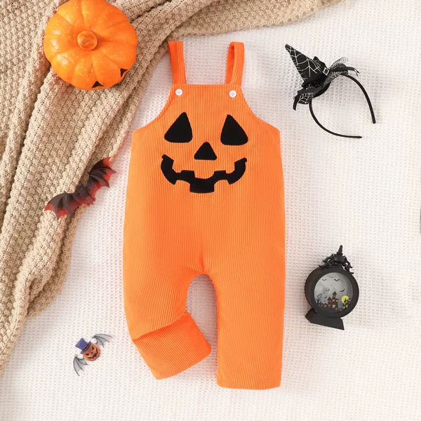 European and American Halloween Children's Clothing 2025 New Children's Orange Pumpkin Ghost Face Embroidered Suspenders One-Piece
