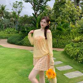 【橙光雏菊】少女泳衣女大码微胖女孩分体三件套裙式长袖罩衫温泉