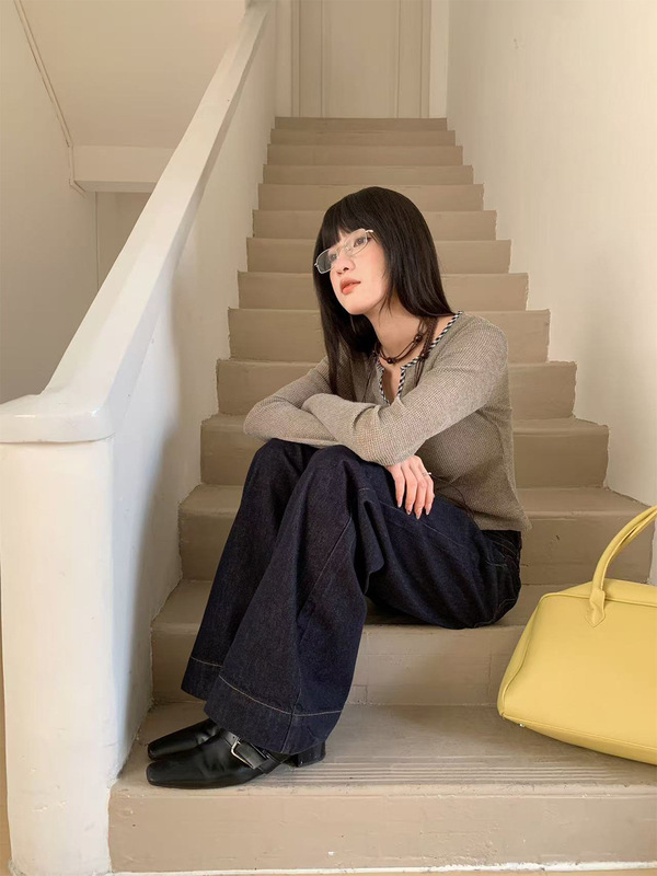 誉一新款2025秋季格纹拼色扭结针织衫女别致显瘦 长袖上衣女c6825|undefined