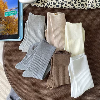 秋冬纯色竖条纹日系百搭中筒堆堆袜罗口加宽束脚休闲袜子女棉袜