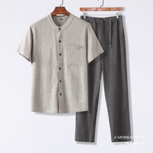 夏天中年爸爸棉麻套装男短袖衬衫长裤一套夏装中老年爷爷亚麻衣服