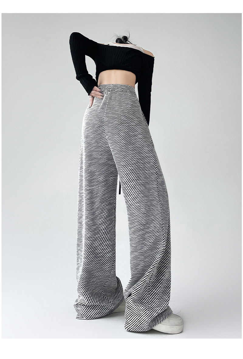 Pantaloni a gamba larga autunnali da donna, larghi e pigri, a righe diagonali nere e bianche, pantaloni sportivi dritti casual_voghion.com