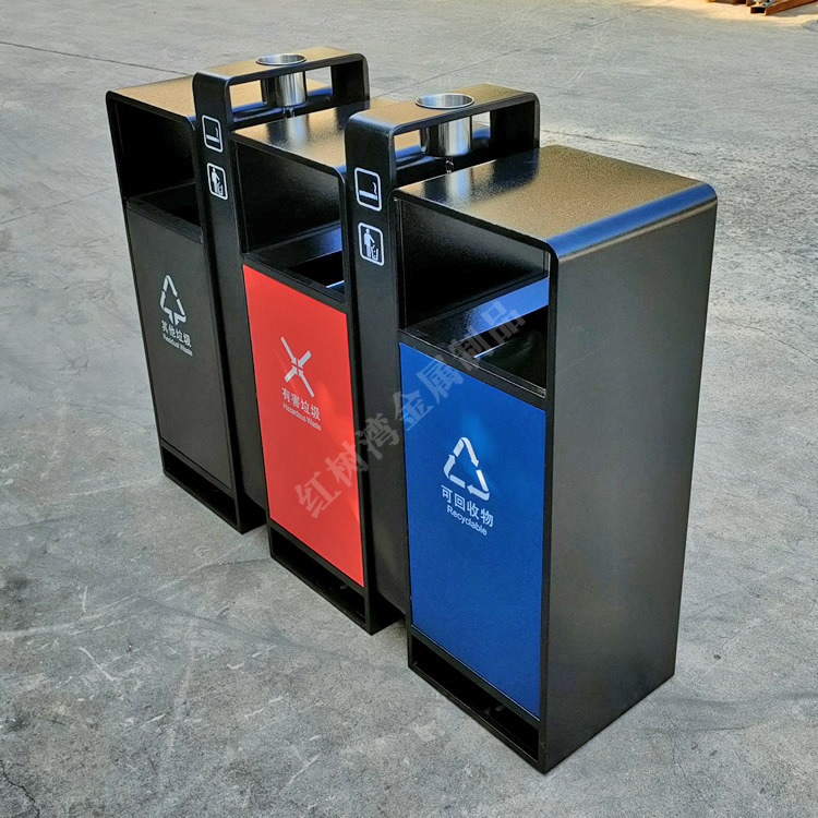 户外小区城市公园广场喷塑烤漆三色连体不锈钢分类垃圾桶果壳箱