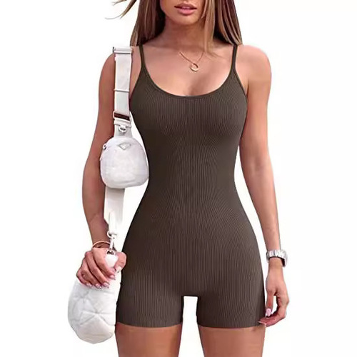 European and American cross-border women's yoga leggings and bodysuit ribbed fine shoulder strap sporty one-piece sexy tight