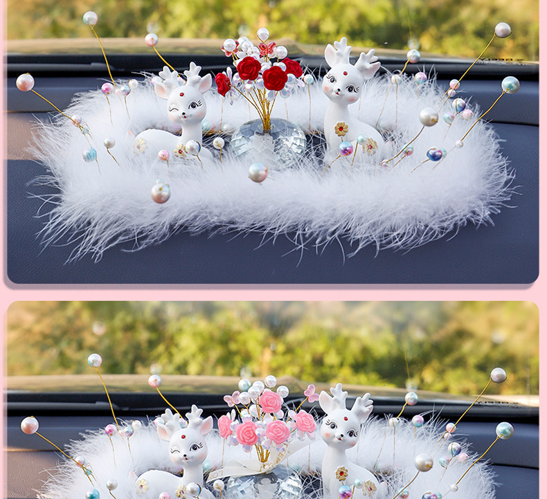 New online celebrity couple deer car decoration car cartoon cute diamond deer starry feather pad rose decoration