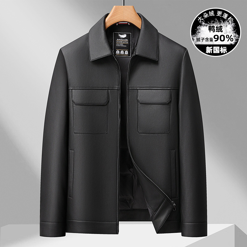 Plus-Size 2025 Men's Leather down Jacket with a Large Lapel, Oversized Casual Biker down Coat Leather Jacket