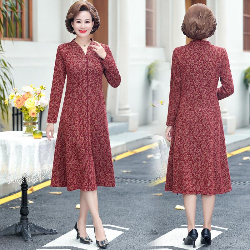 2026 Spring and Autumn Middle-Aged Women's Long Sleeve Dress for Mothers, High-End Wedding Party Dress, Tummy-Concealing Dress, Trendy