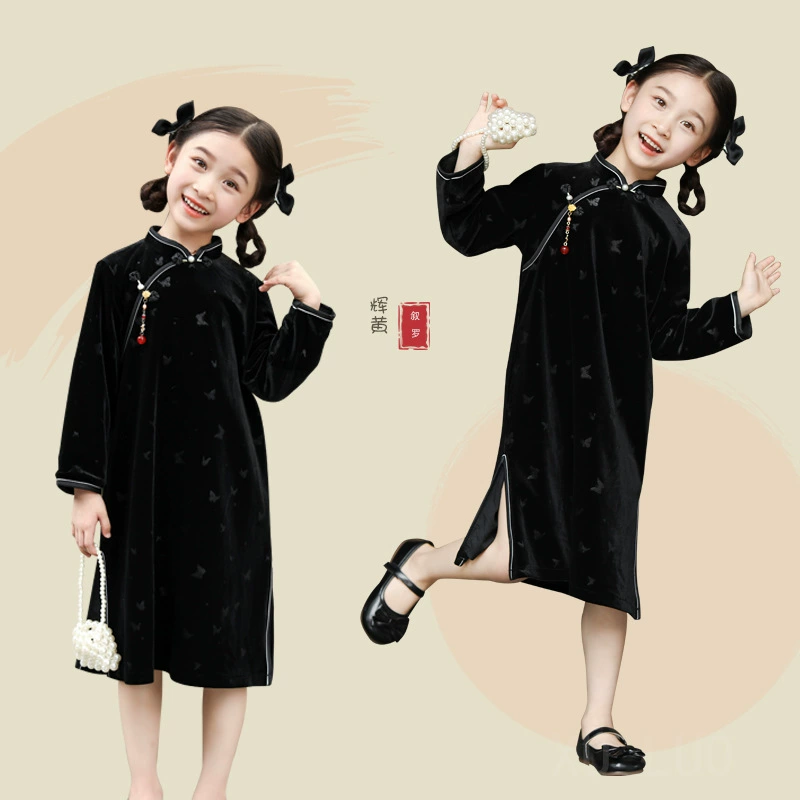 Velvet dress, skirt, long-sleeve, retro black children's cheongsam, autumn, Chinese style