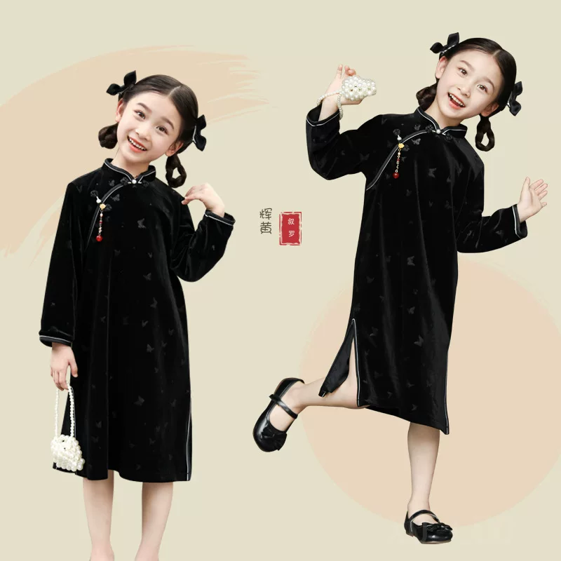 Velvet dress, skirt, long-sleeve, retro black children's cheongsam, autumn, Chinese style