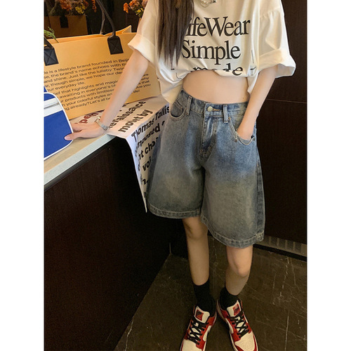 Vintage Cowboy Short Women's Summer Thin High-Waist Loose Versatile Slimming Plus Size Wide Leg Five-Finger Pants