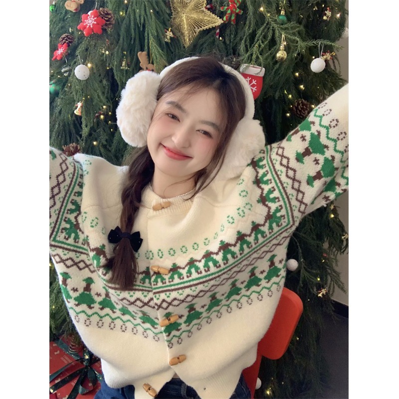 일본식 레트로 혼 버클 스웨터 코트 여성의 가을과 겨울 새로운 도착 분위기 크리스마스 올매치 세련된 니트 카디건